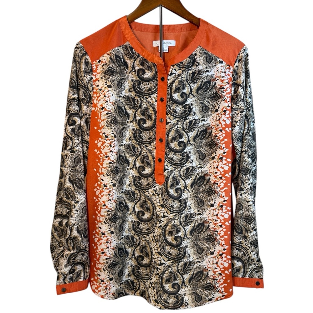 Liz Claiborne Orange & Brown Paisley Long-sleeve Top Henley Neckline Size XL